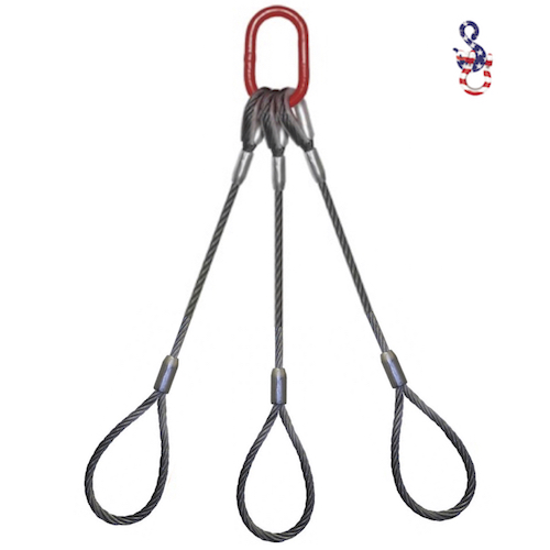3/8" X 8' - 3 Leg Wire Rope Sling w/Standard Eyes & No Hooks
