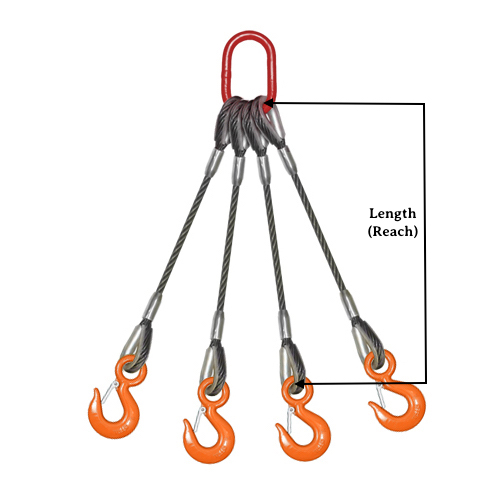 EIPS 6x25 IWRC 5 Ton Vertical Rated Capacity 1 Oblong Master Link Eye Hoist Hooks with Safety Latches HSI 3/8 x 4 Four Leg Bridle Wire Rope Sling 
