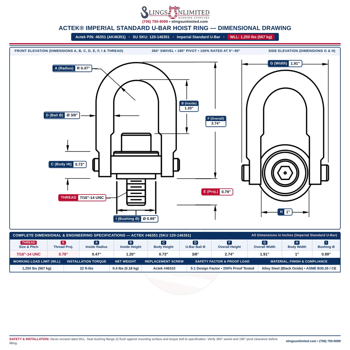 Actek 46351 (AK46351) Imperial Standard U-Bar Safety Swivel Hoist Ring Dimensional Drawing — Thread 7/16"-14 UNC x 0.79 in, WLL 1,250 lbs, Dimensions A=.47 in, B=1.20 in, C=0.73 in, D=3/8 in, E=0.79 in, F=2.74 in, G=1.91 in, H=1 in, I=0.99 in