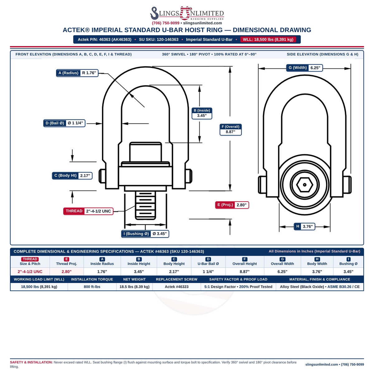 Actek 46363 (AK46363) Imperial Standard U-Bar Safety Swivel Hoist Ring Dimensional Drawing — Thread 2"-4-1/2 UNC x 2.80 in, WLL 18,500 lbs, Dimensions A=1.76 in, B=3.45 in, C=2.17 in, D=1 1/4 in, E=2.80 in, F=8.87 in, G=6.25 in, H=3.76 in, I=3.45 in