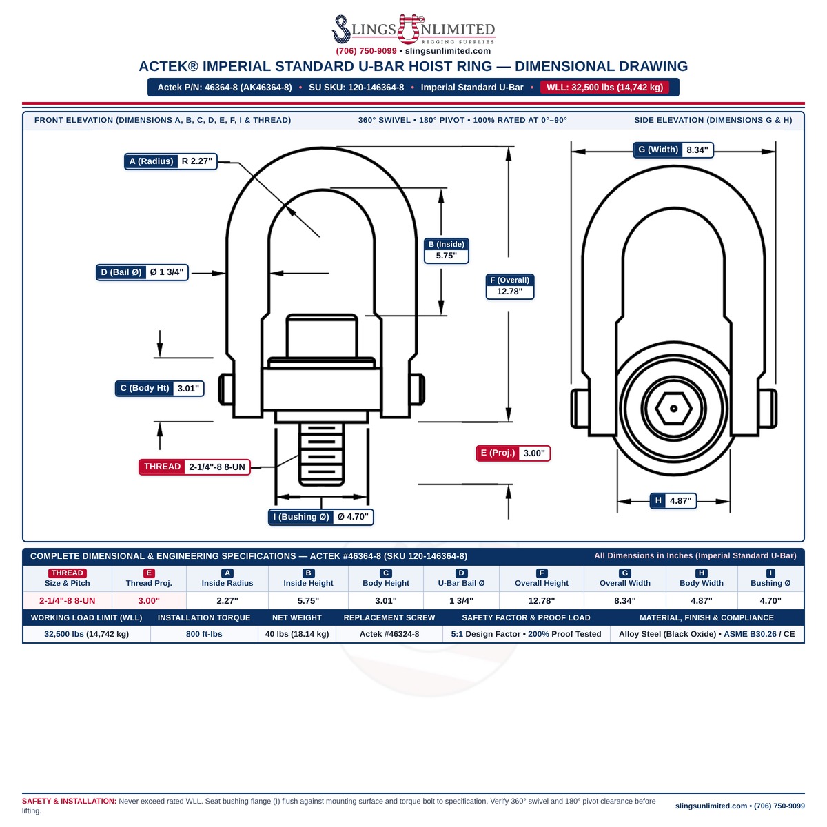 Actek 46364-8 (AK46364-8) Imperial Standard U-Bar Safety Swivel Hoist Ring Dimensional Drawing — Thread 2-1/4"-8 8-UN x 3.00 in, WLL 32,500 lbs, Dimensions A=2.27 in, B=5.75 in, C=3.01 in, D=1 3/4 in, E=3.00 in, F=12.78 in, G=8.34 in, H=4.87 in, I=4.70 in