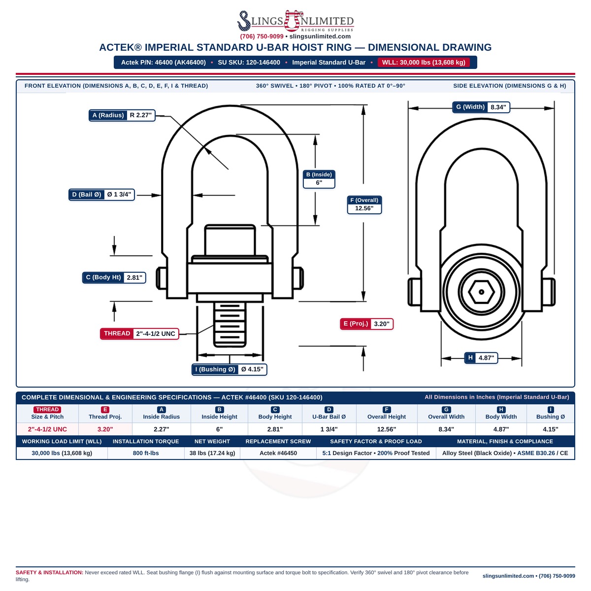 Actek 46400 (AK46400) Imperial Standard U-Bar Safety Swivel Hoist Ring Dimensional Drawing — Thread 2"-4-1/2 UNC x 3.20 in, WLL 30,000 lbs, Dimensions A=2.27 in, B=6 in, C=2.81 in, D=1 3/4 in, E=3.20 in, F=12.56 in, G=8.34 in, H=4.87 in, I=4.15 in