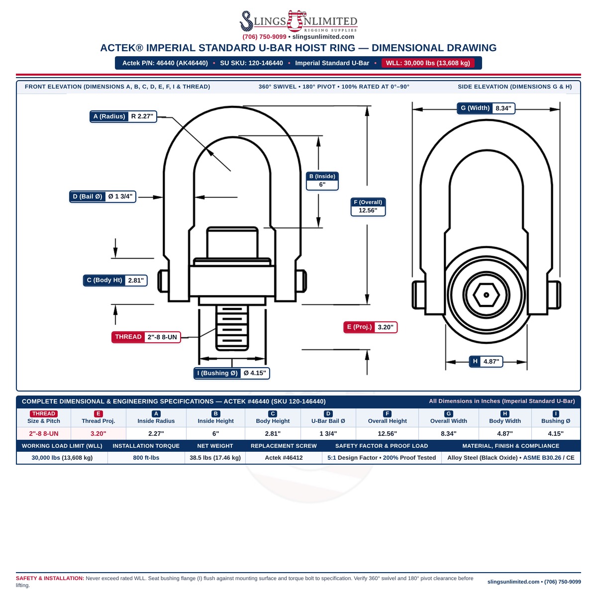 Actek 46440 (AK46440) Imperial Standard U-Bar Safety Swivel Hoist Ring Dimensional Drawing — Thread 2"-8 8-UN x 3.20 in, WLL 30,000 lbs, Dimensions A=2.27 in, B=6 in, C=2.81 in, D=1 3/4 in, E=3.20 in, F=12.56 in, G=8.34 in, H=4.87 in, I=4.15 in