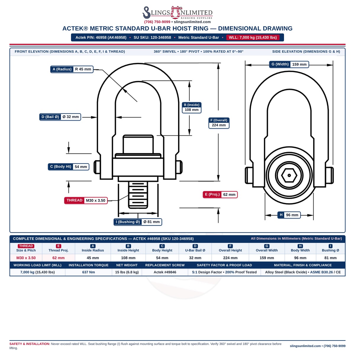 Actek 46958 (AK46958) Metric Standard U-Bar Safety Swivel Hoist Ring Dimensional Drawing — Thread M30 x 3.50 Metric x 62 mm, WLL 7,000 kg, Dimensions A=45 mm, B=108 mm, C=54 mm, D=32 mm, E=62 mm, F=224 mm, G=159 mm, H=96 mm, I=81 mm