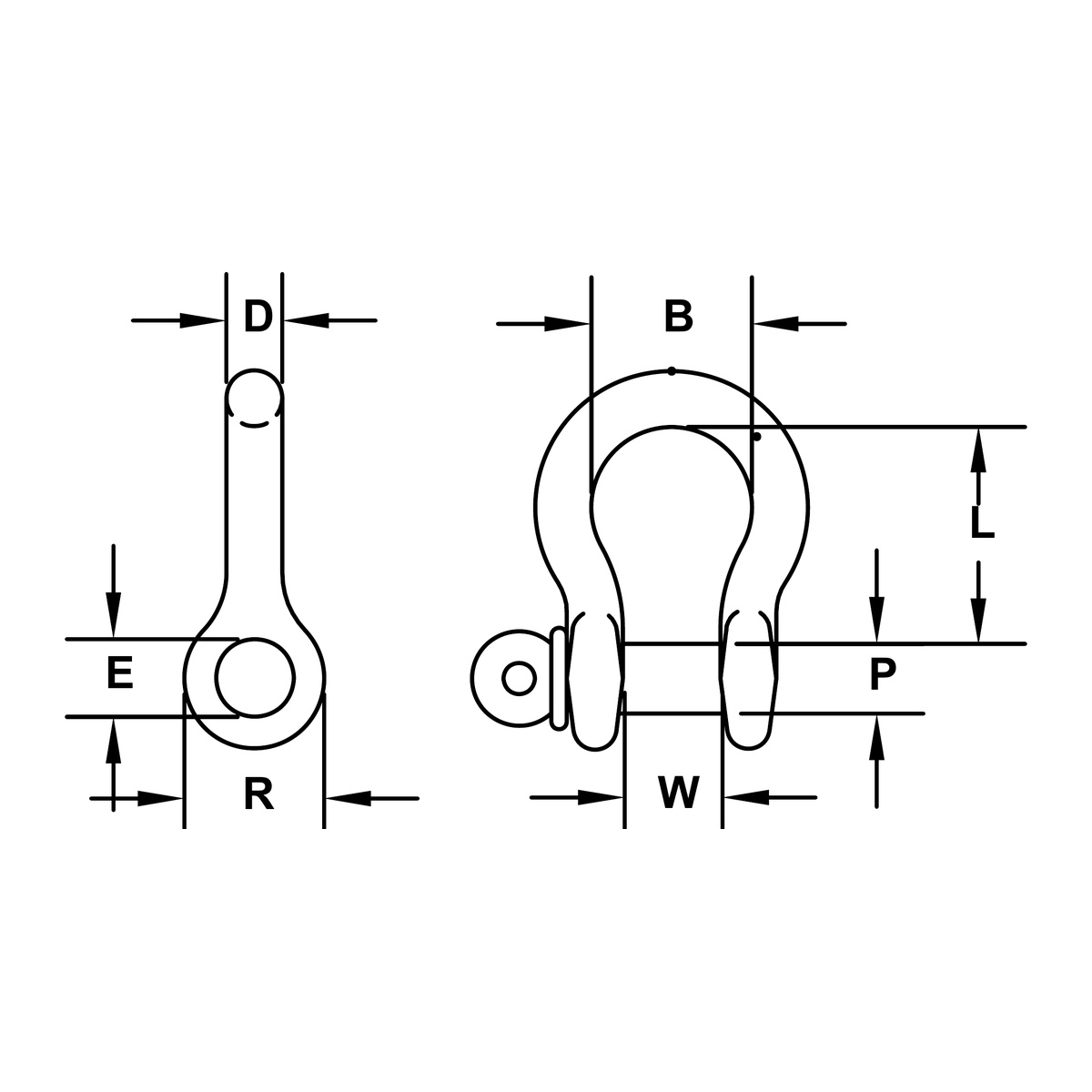 Columbus McKinnon (CM) Super Strong Carbon Screw Pin Anchor Shackle Official Dimensional Drawing (Dimensions B, D, E, L, P, R, W)