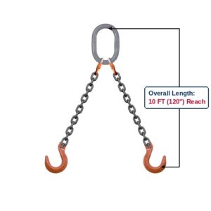 Grade 100 DOF Double-Leg Alloy Chain Sling with Grey Oblong Master Link and Clevis Foundry Hooks Showing 10 FT (120") Overall Length Reach