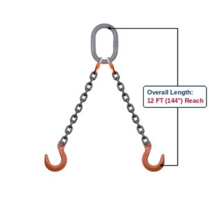 Grade 100 DOF Double-Leg Alloy Chain Sling with Grey Oblong Master Link and Clevis Foundry Hooks Showing 12 FT (144") Overall Length Reach