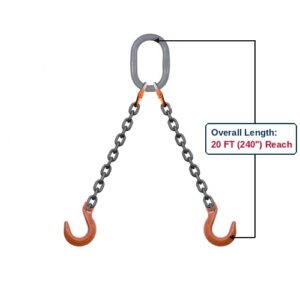 Grade 100 DOF Double-Leg Alloy Chain Sling with Grey Oblong Master Link and Clevis Foundry Hooks Showing 20 FT (240") Overall Length Reach