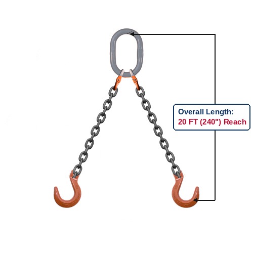Grade 100 DOF Double-Leg Alloy Chain Sling with Grey Oblong Master Link and Clevis Foundry Hooks Showing 20 FT (240") Overall Length Reach