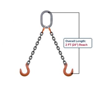 Grade 100 DOF Double-Leg Alloy Chain Sling with Grey Oblong Master Link and Clevis Foundry Hooks Showing 2 FT (24") Overall Length Reach