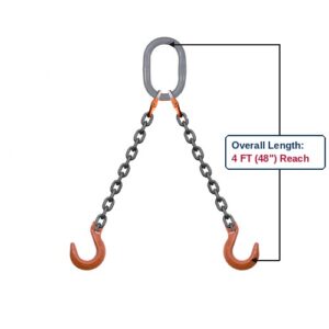 Grade 100 DOF Double-Leg Alloy Chain Sling with Grey Oblong Master Link and Clevis Foundry Hooks Showing 4 FT (48") Overall Length Reach