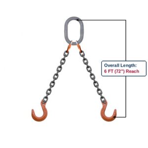 Grade 100 DOF Double-Leg Alloy Chain Sling with Grey Oblong Master Link and Clevis Foundry Hooks Showing 6 FT (72") Overall Length Reach