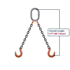 Grade 100 DOF Double-Leg Alloy Chain Sling with Grey Oblong Master Link and Clevis Foundry Hooks Showing 8 FT (96") Overall Length Reach
