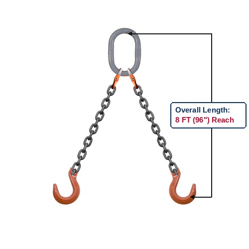 Grade 100 DOF Double-Leg Alloy Chain Sling with Grey Oblong Master Link and Clevis Foundry Hooks Showing 8 FT (96") Overall Length Reach