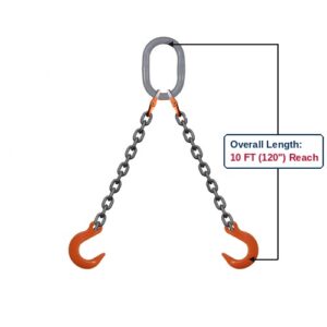 Grade 100 DOF Double-Leg Alloy Chain Sling with Grey Oblong Master Link and Eye Foundry Hooks Showing 10 FT (120") Overall Length Reach