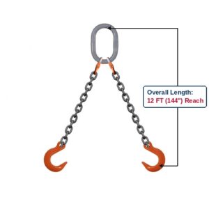 Grade 100 DOF Double-Leg Alloy Chain Sling with Grey Oblong Master Link and Eye Foundry Hooks Showing 12 FT (144") Overall Length Reach