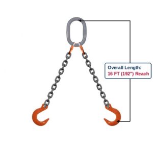 Grade 100 DOF Double-Leg Alloy Chain Sling with Grey Oblong Master Link and Eye Foundry Hooks Showing 16 FT (192") Overall Length Reach