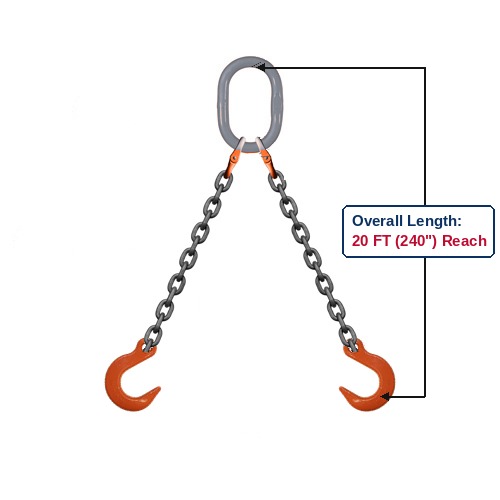 Grade 100 DOF Double-Leg Alloy Chain Sling with Grey Oblong Master Link and Eye Foundry Hooks Showing 20 FT (240") Overall Length Reach