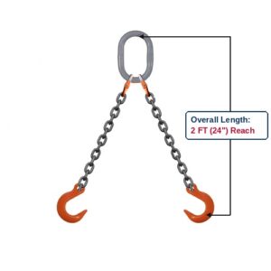 Grade 100 DOF Double-Leg Alloy Chain Sling with Grey Oblong Master Link and Eye Foundry Hooks Showing 2 FT (24") Overall Length Reach