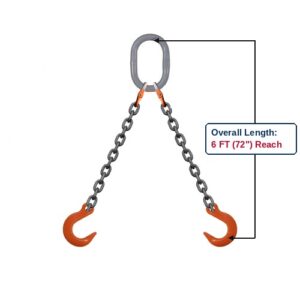 Grade 100 DOF Double-Leg Alloy Chain Sling with Grey Oblong Master Link and Eye Foundry Hooks Showing 6 FT (72") Overall Length Reach