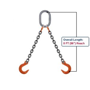 Grade 100 DOF Double-Leg Alloy Chain Sling with Grey Oblong Master Link and Eye Foundry Hooks Showing 8 FT (96") Overall Length Reach