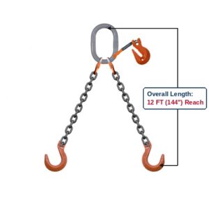Grade 100 DOFA Double-Leg Adjustable Alloy Chain Sling with Grey Oblong Master Link and Clevis Foundry Hooks with Grab Hook Adjuster Showing 12 FT (144") Overall Length Reach