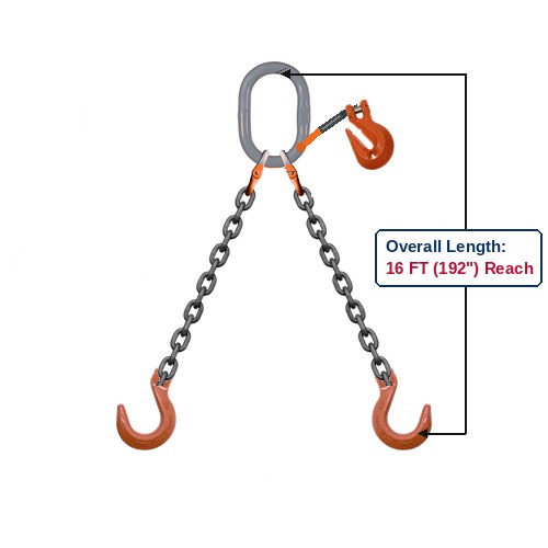 Grade 100 DOFA Double-Leg Adjustable Alloy Chain Sling with Grey Oblong Master Link and Clevis Foundry Hooks with Grab Hook Adjuster Showing 16 FT (192") Overall Length Reach