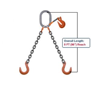 Grade 100 DOFA Double-Leg Adjustable Alloy Chain Sling with Grey Oblong Master Link and Clevis Foundry Hooks with Grab Hook Adjuster Showing 8 FT (96") Overall Length Reach