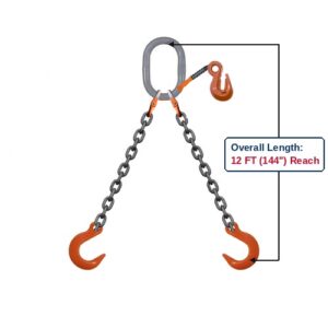 Grade 100 DOFA Double-Leg Adjustable Alloy Chain Sling with Grey Oblong Master Link and Eye Foundry Hooks with Grab Hook Adjuster Showing 12 FT (144") Overall Length Reach