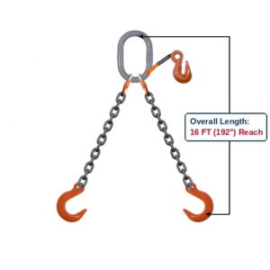 Grade 100 DOFA Double-Leg Adjustable Alloy Chain Sling with Grey Oblong Master Link and Eye Foundry Hooks with Grab Hook Adjuster Showing 16 FT (192") Overall Length Reach