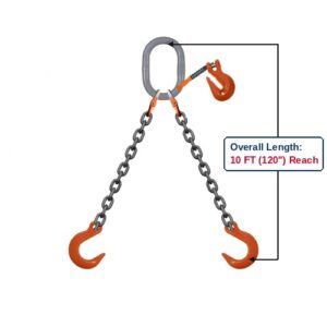 Grade 100 DOFA Double-Leg Adjustable Alloy Chain Sling with Grey Oblong Master Link and Eye Foundry Hooks and Clevis Grab Hook Adjuster Showing 10 FT (120") Overall Length Reach