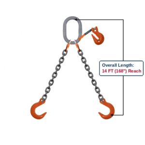 Grade 100 DOFA Double-Leg Adjustable Alloy Chain Sling with Grey Oblong Master Link and Eye Foundry Hooks and Clevis Grab Hook Adjuster Showing 14 FT (168") Overall Length Reach