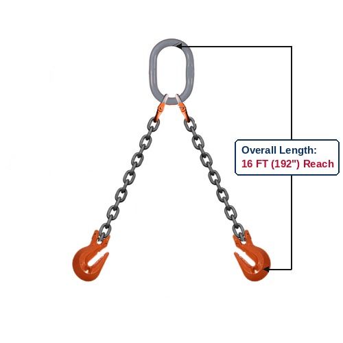 Grade 100 DOG Double-Leg Alloy Chain Sling with Grey Oblong Master Link and Clevis Grab Hooks Showing 16 FT (192") Overall Length Reach