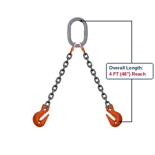 Grade 100 DOG Double-Leg Alloy Chain Sling with Grey Oblong Master Link and Clevis Grab Hooks Showing 4 FT (48") Overall Length Reach