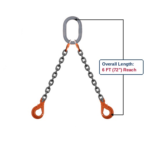 Grade 100 DOSL Double-Leg Alloy Chain Sling with Grey Oblong Master Link and Clevis Self-Locking Hooks Showing 6 FT (72") Overall Length Reach