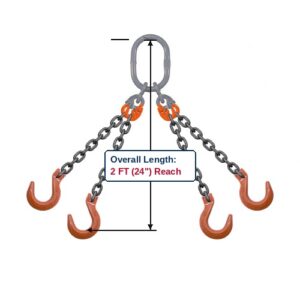 Grade 100 QOF Quad-Leg Alloy Chain Sling with Grey Master Link Sub-Assembly and Clevis Foundry Hooks Showing 2 FT (24") Overall Length Reach