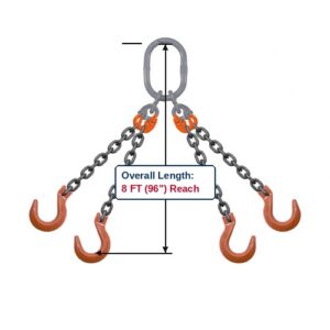 Grade 100 QOF Quad-Leg Alloy Chain Sling with Grey Master Link Sub-Assembly and Clevis Foundry Hooks Showing 8 FT (96") Overall Length Reach