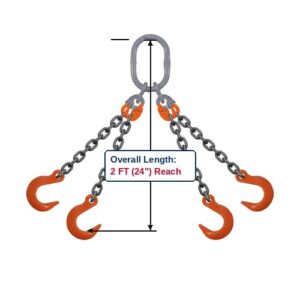 Grade 100 QOF Quad-Leg Alloy Chain Sling with Grey Master Link Sub-Assembly and Eye Foundry Hooks Showing 2 FT (24") Overall Length Reach