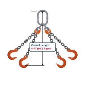 Grade 100 QOF Quad-Leg Alloy Chain Sling with Grey Master Link Sub-Assembly and Eye Foundry Hooks Showing 8 FT (96") Overall Length Reach