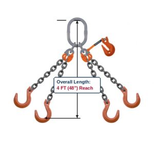 Grade 100 QOFA Quad-Leg Adjustable Alloy Chain Sling with Grey Master Link Sub-Assembly and Clevis Foundry Hooks with Grab Hook Adjuster Showing 4 FT (48") Overall Length Reach