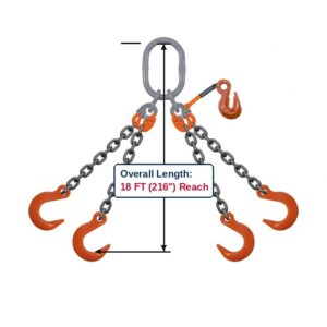 Grade 100 QOFA Quad-Leg Adjustable Alloy Chain Sling with Grey Master Link Sub-Assembly and Eye Foundry Hooks with Grab Hook Adjuster Showing 18 FT (216") Overall Length Reach