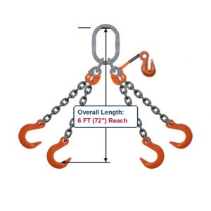 Grade 100 QOFA Quad-Leg Adjustable Alloy Chain Sling with Grey Master Link Sub-Assembly and Eye Foundry Hooks with Grab Hook Adjuster Showing 6 FT (72") Overall Length Reach
