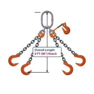 Grade 100 QOFA Quad-Leg Adjustable Alloy Chain Sling with Grey Master Link Sub-Assembly and Eye Foundry Hooks and Clevis Grab Hook Adjuster Showing 8 FT (96") Overall Length Reach