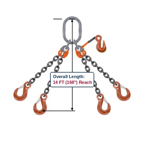 Grade 100 QOSA Quad-Leg Adjustable Alloy Chain Sling with Grey Master Link Sub-Assembly and Eye Sling Hooks w/ Latch with Grab Hook Adjuster Showing 14 FT (168") Overall Length Reach