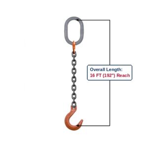 Grade 100 SOF Single-Leg Alloy Chain Sling with Grey Oblong Master Link and Clevis Foundry Hooks Showing 16 FT (192") Overall Length Reach