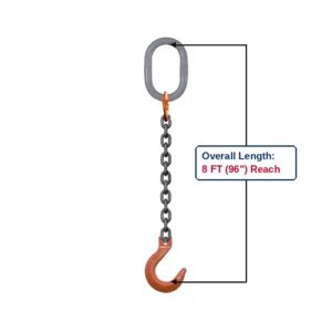 Grade 100 SOF Single-Leg Alloy Chain Sling with Grey Oblong Master Link and Clevis Foundry Hooks Showing 8 FT (96") Overall Length Reach