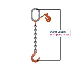 Grade 100 SOFA Single-Leg Adjustable Alloy Chain Sling with Grey Oblong Master Link and Clevis Foundry Hooks with Grab Hook Adjuster Showing 10 FT (120") Overall Length Reach