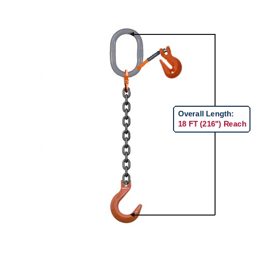 Grade 100 SOFA Single-Leg Adjustable Alloy Chain Sling with Grey Oblong Master Link and Clevis Foundry Hooks with Grab Hook Adjuster Showing 18 FT (216") Overall Length Reach