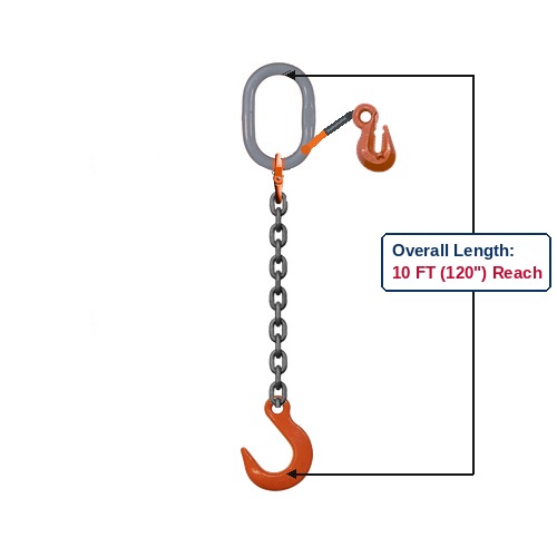 Grade 100 SOFA Single-Leg Adjustable Alloy Chain Sling with Grey Oblong Master Link and Eye Foundry Hooks with Grab Hook Adjuster Showing 10 FT (120") Overall Length Reach