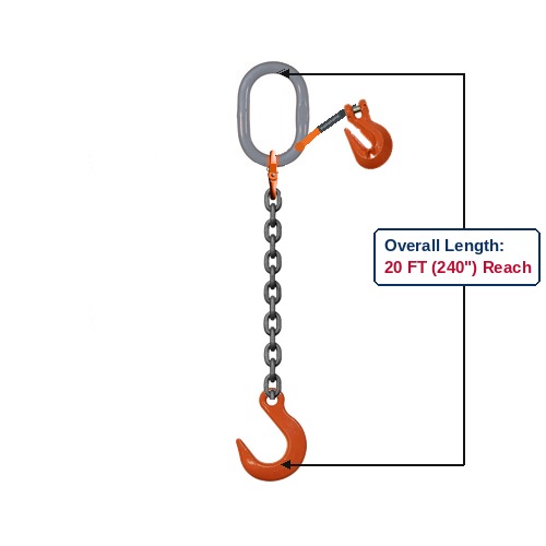 Grade 100 SOFA Single-Leg Adjustable Alloy Chain Sling with Grey Oblong Master Link and Eye Foundry Hooks and Clevis Grab Hook Adjuster Showing 20 FT (240") Overall Length Reach